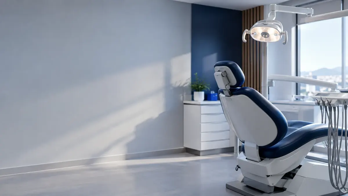 Consultório odontológico com cadeira azul e refletor, em ambiente claro